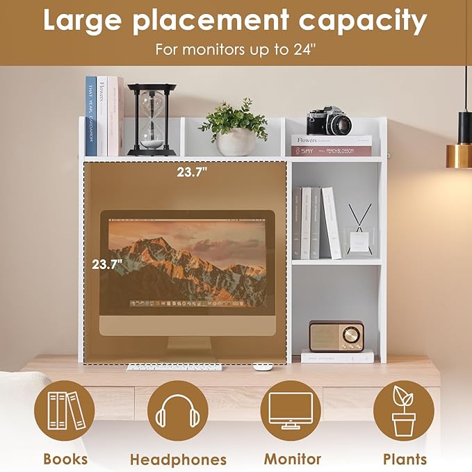 Desktop Bookshelf, Wooden Desk Storage Hutch with 5 Shelves, 3-Tier Desktop Display Organizer Rack for Office Home (White, 5 Shelves A)