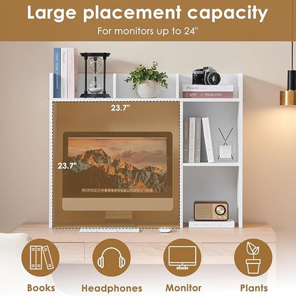 Desktop Bookshelf, Wooden Desk Storage Hutch with 5 Shelves, 3-Tier Desktop Display Organizer Rack for Office Home (White, 5 Shelves A)