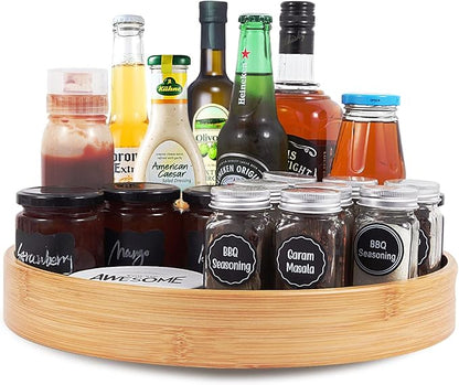 Lazy Susan Organizer 14 inch, Bamboo Lazy Susan for Table, Kitchen Turntable Organizer with Double Handles, Round Wood Rotating Turntable Spice Organizer for Countertop Cabinet or Pantry