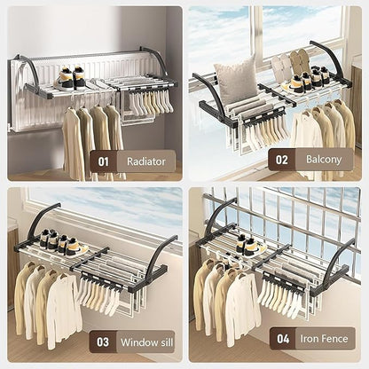 Portable Clothes Drying Rack for Balcony,29"x13" Foldable Railings Windowsill, Retractable Radiator Clothes Airer,Folding Towel Rack Indoor Outdoor Travel RV Laundry Rack with Clips