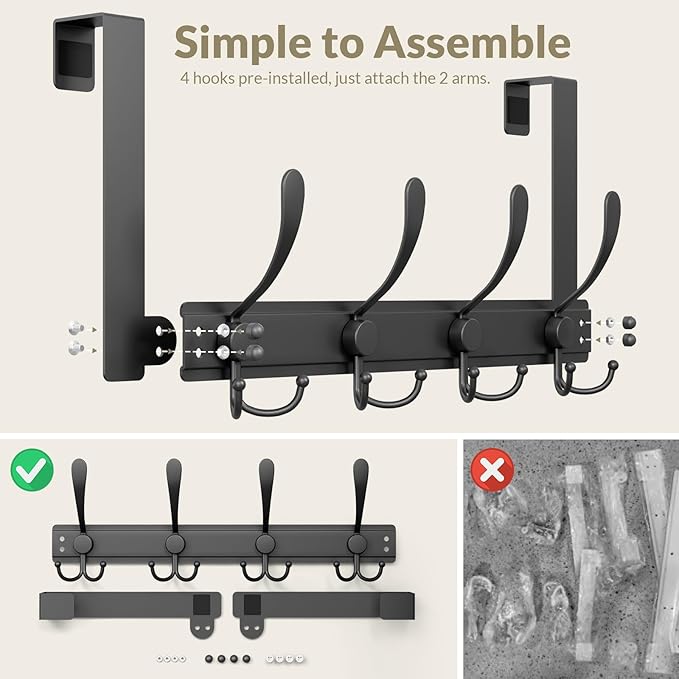 WLCSNG Heavy Duty Over The Door Hooks Rustproof - 25lb Over The Door Towel Rack, Over The Door Towel Hook, Door Hanger for Bathroom, Coat Rack Dorm Room Essentials (1Pack,Black)