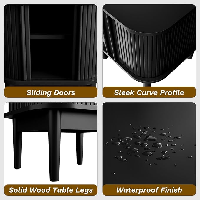 Fluted Nightstand with Sliding Doors, Modern Bedside Table with Solid Wood Legs, Wood Night Stand for Bedroom, Black