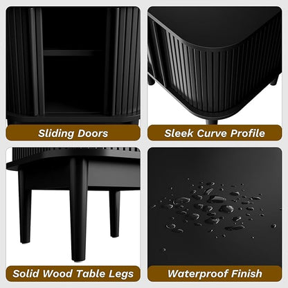 Fluted Nightstand with Sliding Doors, Modern Bedside Table with Solid Wood Legs, Wood Night Stand for Bedroom, Black