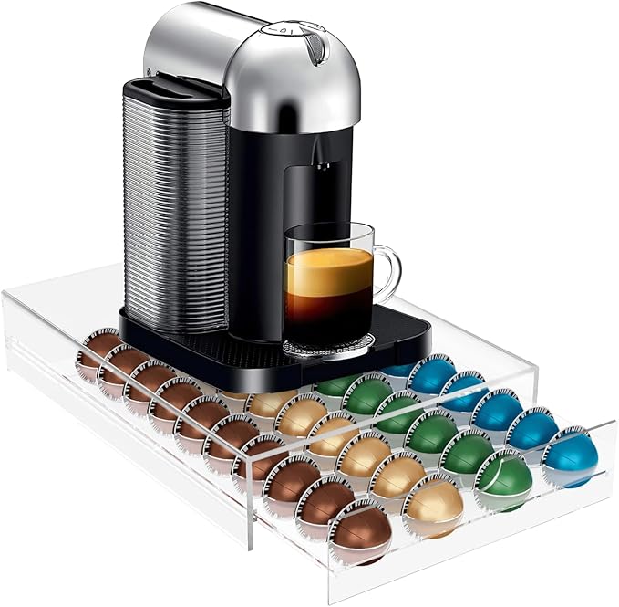 Coffee Pod Holder Compatible with Nespresso Pods Vertuo Holder, 40 Pods Capacity Acrylic Drawer Organizer, Suit for Home Office, Kitchen, Coffee Counter
