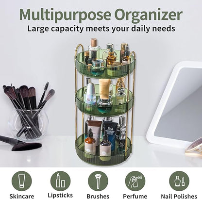 Asayuee 360 Rotating Perfume Organizer,3 Tier Large Capacity Make Up Organizers and Storage,Makeup Organizer for Bathroom,Cosmetic Perfume Stand Holder (Green-3 Tier)
