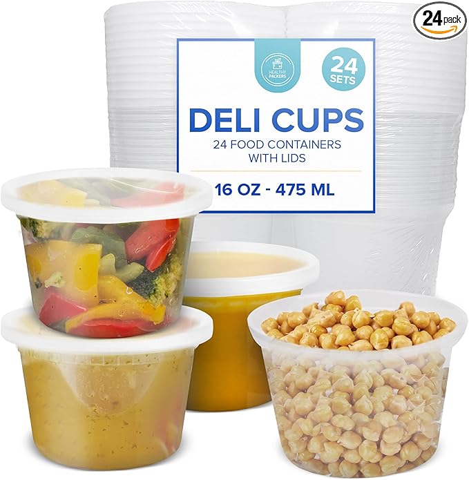 Healthy Packers 16oz Food Storage & Soup Containers with Airtight Lids - Clear Plastic Deli Cups - Great for Your Slime Kit - BPA Free | Leakproof - Microwaveable - Reusable & Freezer Safe (24 pack)