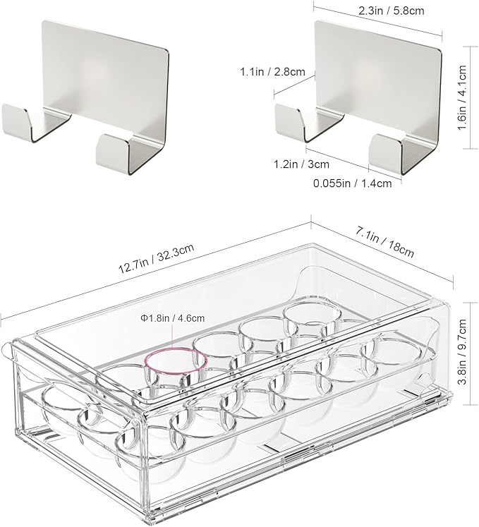 BPA Free Stackable Egg Container - 18 Egg Refrigerator Organizer with 2 Kitchen Hooks, Clear