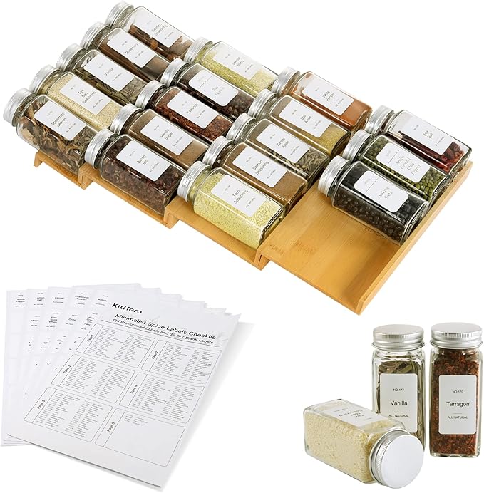 KitHero Spice Drawer Organizer with 18 Spice Jars,216 Labels,50 Non-slip Rubber, Bamboo 4 Tier Seasoning Rack Tray Insert for Kitchen Drawers,Cabinets,Countertop,9" Wide x 15.8" Deep