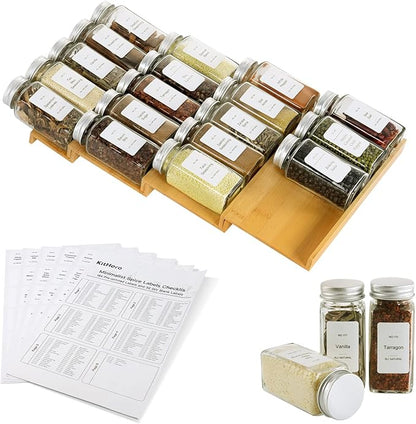 KitHero Spice Drawer Organizer with 18 Spice Jars,216 Labels,50 Non-slip Rubber, Bamboo 4 Tier Seasoning Rack Tray Insert for Kitchen Drawers,Cabinets,Countertop,9" Wide x 15.8" Deep