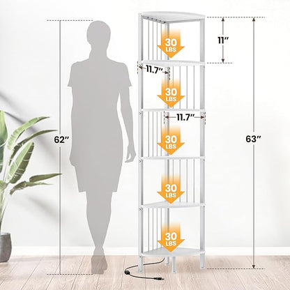 6 Tier Corner Shelf with Light, Music Synic 60000 DIY LED Color Smart Remote Tall Display Shelves Corner Shelf Stand Bookshelf Wood Rack Metal Frame for Living Game Room Bedroom, White