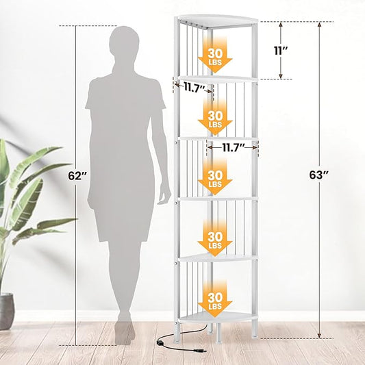 6 Tier Corner Shelf with Light, Music Synic 60000 DIY LED Color Smart Remote Tall Display Shelves Corner Shelf Stand Bookshelf Wood Rack Metal Frame for Living Game Room Bedroom, White