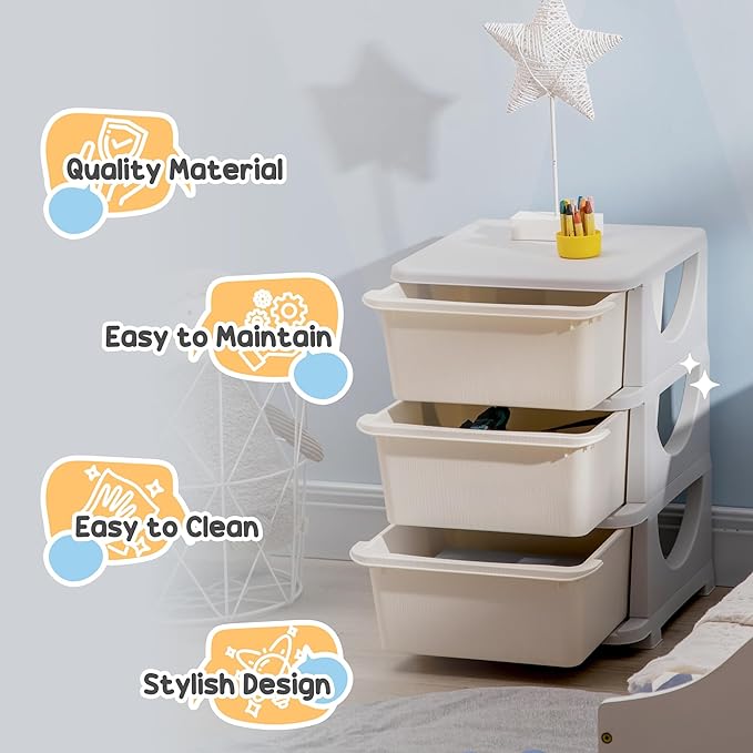 Qaba 3 Tier Kids Storage Unit, Toy Organizers and Storage with 3 Drawer Chest for Kids Bedroom Nursery Kindergarten Living Room for Boys Girls Toddlers, Cream White