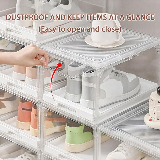 Tangyinus 2 Pack Clear Shoe Boxes - Stackable Sneaker Display Case with Sliding Tray and Door, Large Shoe Containers Up to Fit Size 14, Plastic Shoe Storage Box, Great Hat Organizer for Baseball Caps