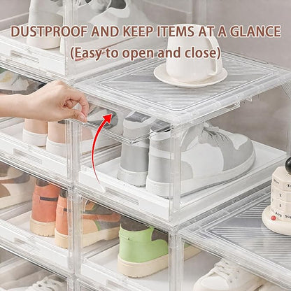 Tangyinus 2 Pack Clear Shoe Boxes - Stackable Sneaker Display Case with Sliding Tray and Door, Large Shoe Containers Up to Fit Size 14, Plastic Shoe Storage Box, Great Hat Organizer for Baseball Caps