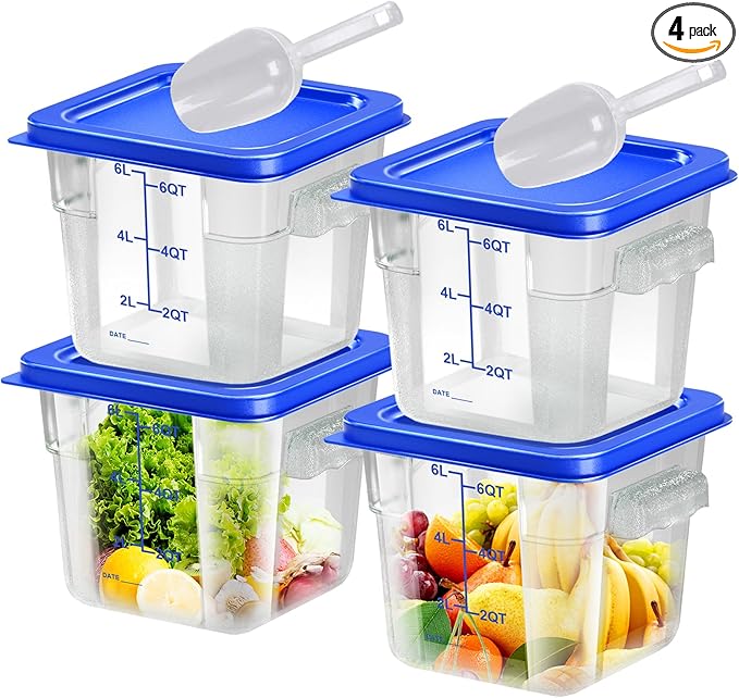 FeyBuosk 4 pcs 6qt Food Storage Containers with Lid, Square Clear Commercial Food Storage Containers with Handle and Scale for Food Storage in Home Kitchen & Dining (Blue)
