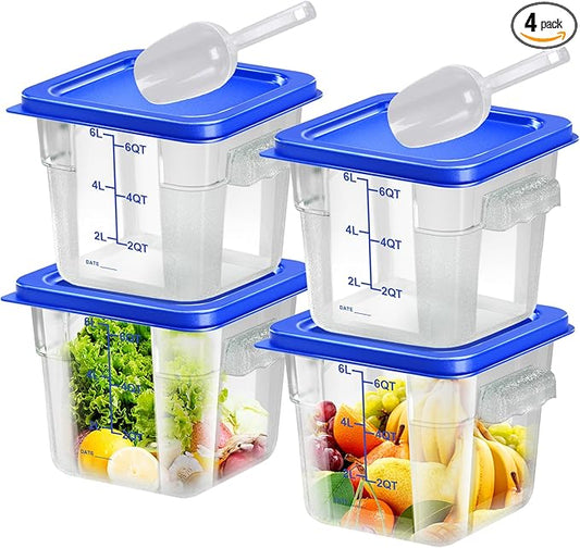 FeyBuosk 4 pcs 6qt Food Storage Containers with Lid, Square Clear Commercial Food Storage Containers with Handle and Scale for Food Storage in Home Kitchen & Dining (Blue)