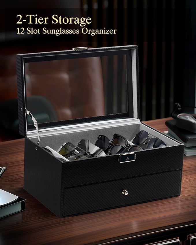 GUKA 2-layer Sunglasses Storage Organizer, 12 Slots Leather Sunglass Box Multiple Pairs Eyeglass Display Case for Women Men, Gift Idea (Black+Grey)