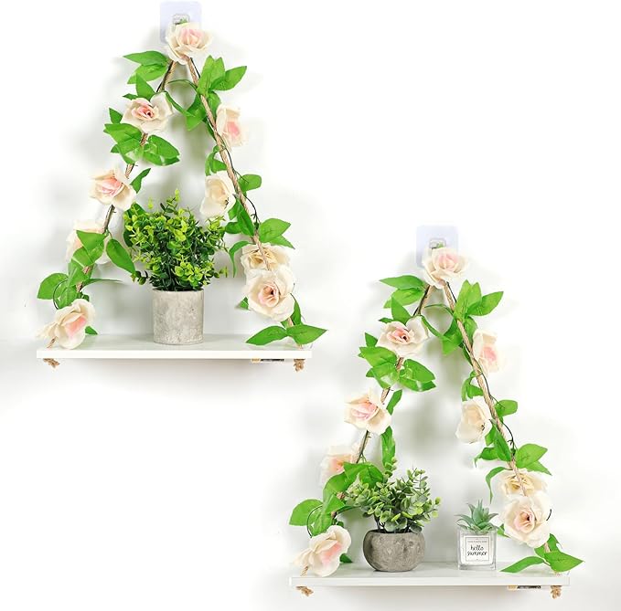 Shelf for Wall,Floating Shelves,Floating Shelves for Wall No Drilling,Adhesive Shelves,Command Strip Shelf,Room Decor Aesthetic,Plant Shelf Wall,Whimsical Decor,2-Piece Set(Champagne flowers)