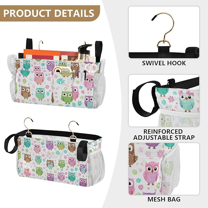 CuwrYet Bedside Caddy Hanging Bunk Bed Caddy Bed Organizer Hanging Pocket with 2 Hooks Bedside Storage Organizer Pocket Bag Holder Colorful Owls and Flowers