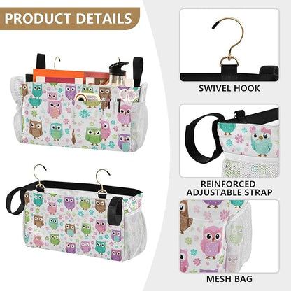 CuwrYet Bedside Caddy Hanging Bunk Bed Caddy Bed Organizer Hanging Pocket with 2 Hooks Bedside Storage Organizer Pocket Bag Holder Colorful Owls and Flowers