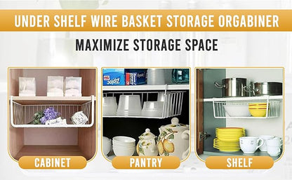 YBM HOME Under Shelf Wire Basket Storage Organizer for Kitchen Pantry - White Hanging Metal Wrap Rack, Easy to Install, (6 Pack, Medium) 2222-6