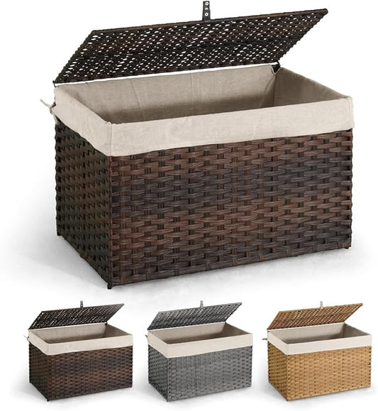 CAPHAUS Handwoven Storage Basket w/ Lid & Handles, 2 Removable Liner Bags, Foldable Clothes Basket for Laundry, Large Synthetic Rattan Laundry Basket, 160L, Brown