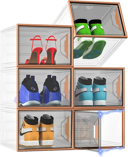 ADTO X-Large Stackable Shoe Boxes - Clear Plastic Shoe Storage Boxes with Magnetic Door, Thicken Shoe Organizer for Closet, Space Saving Foldable Shoe Containers Bins for Sneaker Boot - 6 Pack(Brown)