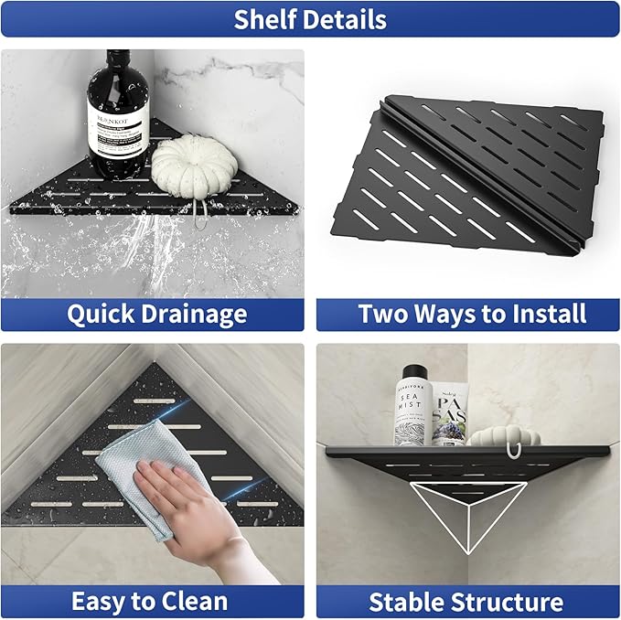 Bernkot Corner Shower Shelf 10" Matte Black 304 Stainless Steel Slot Design Recessed Corner Shelf Bathroom Grout in Shelf for Tiled Wall