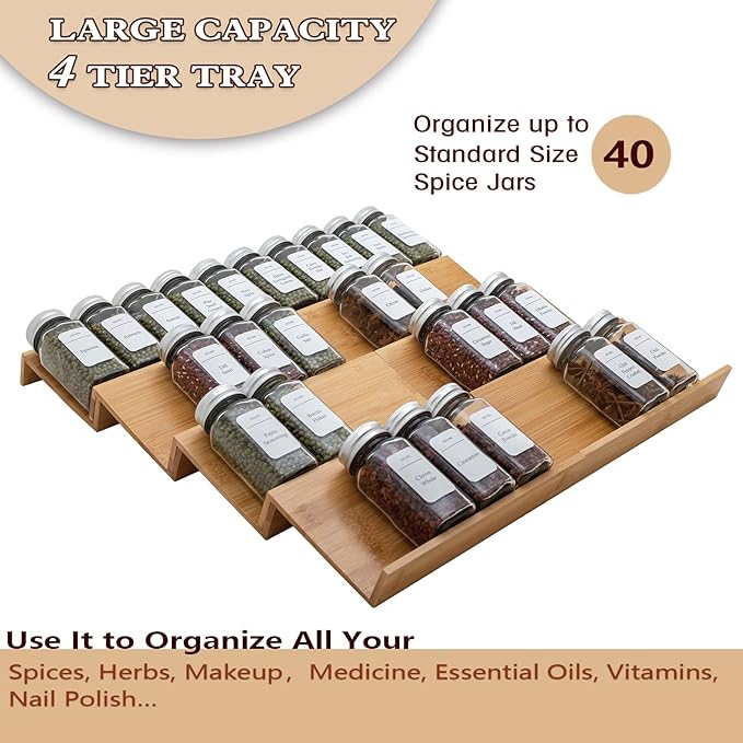 Angimio Bamboo Spice Rack Drawer Organizer - 8 Pieces Set- 9" Wide Per Piece - Combine Pieces Into 18" Wide Rack (9" or 18")