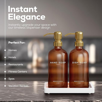 Luxury Glass Hand and Dish Soap Dispenser Set with Tray by Brighter Barns - Kitchen Soap Dispenser with Tray and Pump for Kitchen Sink - Luxury Home Decor for Airbnb, Restaurant, Hotel (Amber/Gold)
