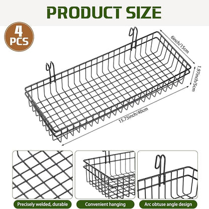 Blulu 4 Pcs 15.75 x 5.91 x 1.97 Inch Metal Grid Wall Baskets with Hooks Grid Wall Shelves Hanging Wire Basket Multi Function Storage Organizer for Kitchen Organizing Display (Black)