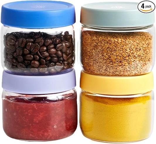 Premium 10oz Borosilicate Glass Jars with Airtight Lids (4 Pack) - Freezer, Oven, Microwave & Dishwasher Safe (-4°F to 446°F), Stackable for Spices, Coffee, Chia Pudding, Snacks & Pantry