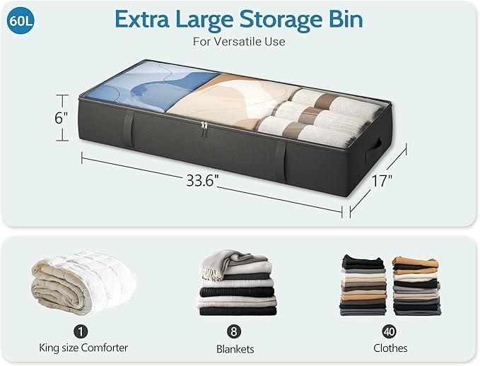 TidyCorner 2-Pack Under Bed Storage, 6 Inches Tall Closet Organizers and Storage Bins with Sturdy Sidewalls/Bottom/4 Handles, Black