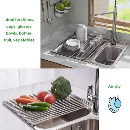 Tomorotec Roll Up Dish Drying Rack Over The Sink Grey Large Dish Drying Rack Rolling Foldable Collapsible SUS304 Stainless Steel Multipurpose Dish Drainer for Kitchen Counter (21”x15.7”)
