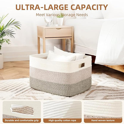 Cotton Rope Basket,Large Blanket Basket for Living Room,Woven cotton rope laundry baskets，For Bathroom Dirty Clothes ，Nursery Toys，pillow storage organization, 72L，Brown and white.