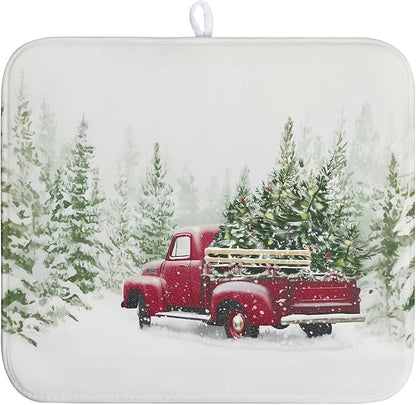 Wnoesat Christmas Dish Drying Mat Red Truck Xmas Tree Drying Mats for Kitchen Counter Winter Holiday Dishes Drainer Mats Absorbent Microfiber Dish Draining Pad Extra 16x18 Inch
