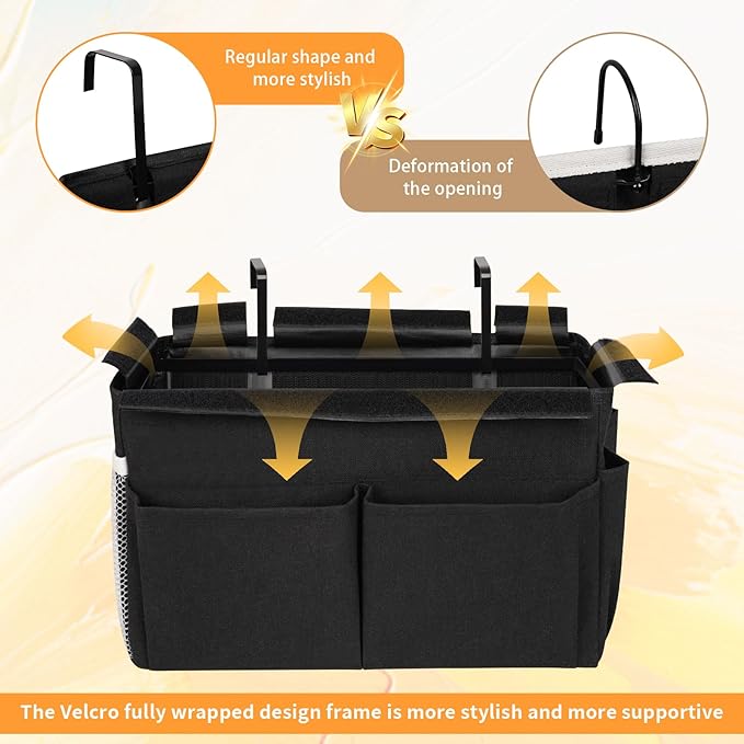 Frjjthchy Bedside Storage Organizer 5 Pockets with 4 Hooks Hanging Storage Bag for Headboards/Bunk Bed (Black)