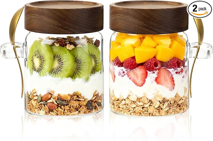 Glass Storage Jar with Bamboo Lids Spoons Glass Coffee Canister Borosilicate Glass Food Container for Coffee Beans Nut Pasta Sugar Candy Spice Rice Loose Tea (300ml/10oz-2 Pack)