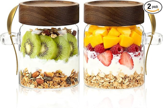 Glass Storage Jar with Bamboo Lids Spoons Glass Coffee Canister Borosilicate Glass Food Container for Coffee Beans Nut Pasta Sugar Candy Spice Rice Loose Tea (300ml/10oz-2 Pack)