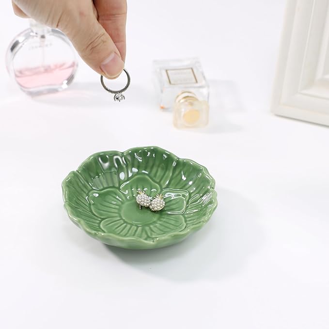 YZMICSTAR Flower Ring Dish Holder,Jewelry Dish Tray,Small Trinket Tray,Jewelry Plate Bowl,Key Bowl,Decorative Plate,Birtdhay Christmas Gifts for Women Friends,Ceramic Green
