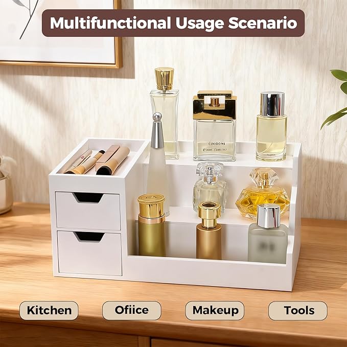 UUyuality Countertop Perfume & Makeup Organizer - Wooden Rack, Cologne Stand Shelves & Skincare Organizer for Bedroom Dresser, Organizador de Perfumes Estante para Perfumes (White, 01)