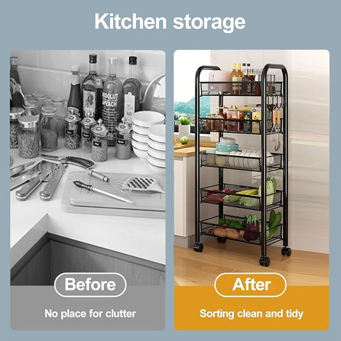 Fruit Vegetable Storage Basket,5 Tier Kitchen Storage Cart with 360 Degree Wheels, Fruit Vegetable Produce Basket Storage Organizer Stackable Metal Mesh Storage Basket for Kitchen, Pantry,