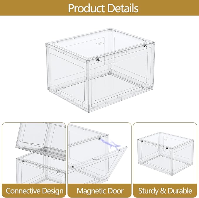 Tyminin 6 Pack Plastic Stackable Shoe Box, Shoe Storage Organizer with Magnetic Door, Sneakers Boxes Containers, Clear