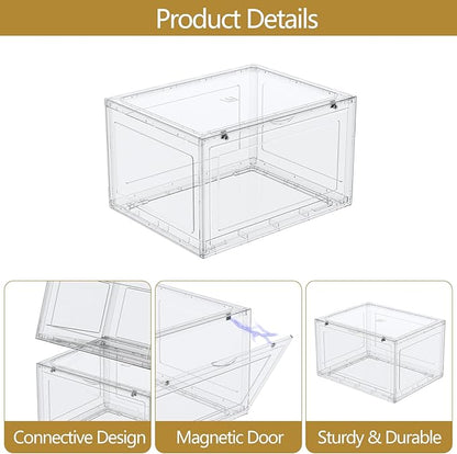 Tyminin 6 Pack Plastic Stackable Shoe Box, Shoe Storage Organizer with Magnetic Door, Sneakers Boxes Containers, Clear