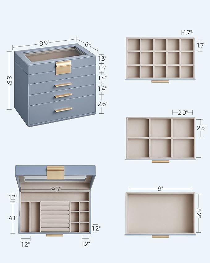 SONGMICS Jewelry Box Organizer with Glass Lid, 4-Layer Jewelry Storage, with 3 Drawers, Modern Style, 6 x 9.9 x 8.5 Inches, Smoky Blue and Gold Color UJBC161Q01