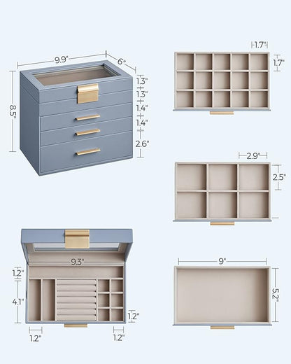 SONGMICS Jewelry Box Organizer with Glass Lid, 4-Layer Jewelry Storage, with 3 Drawers, Modern Style, 6 x 9.9 x 8.5 Inches, Smoky Blue and Gold Color UJBC161Q01