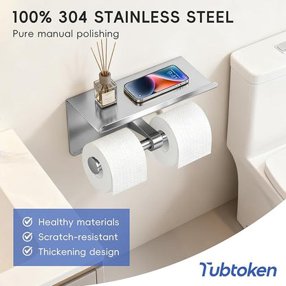 4 Pack Double Toilet Paper Holder with Shelf, Wall Mount Tissue Roll Holder, Heavy Duty 304 Stainless Steel Commercial Toilet Paper Dispenser with Phone Shelf for Home, Hotel, Office, Restaurant