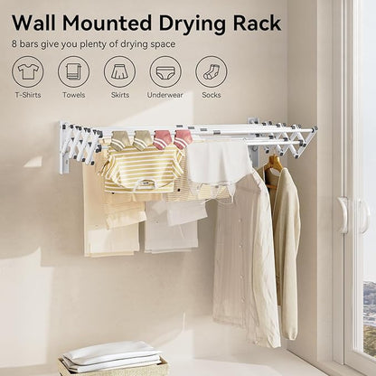 APEXCHASER Wall Mounted Clothes Drying Rack Laundry Drying Rack Retractable, Towel Racks Wall Mounted for Bathroom Balcony Laundry Room Indoor, Foldable Accordion Dryer Rack for Clothing, White
