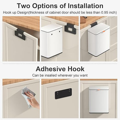 Mbillion Kitchen Compost Bin Hanging Trash Can with Lid 2.1 Gallon Stainless Steel Garbage Can for Kitchen Cabinet Door Mounted Trash Can Under Sink Door RV Bathroom,White