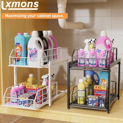 2 Tier Sliding Basket Drawer Organizer, Pull Out Under Sink Cabinets Organizers, Metal Home Shelf for Bathroom or Kitchen, Sliding Countertop or Pantry Storage Shelf, Black